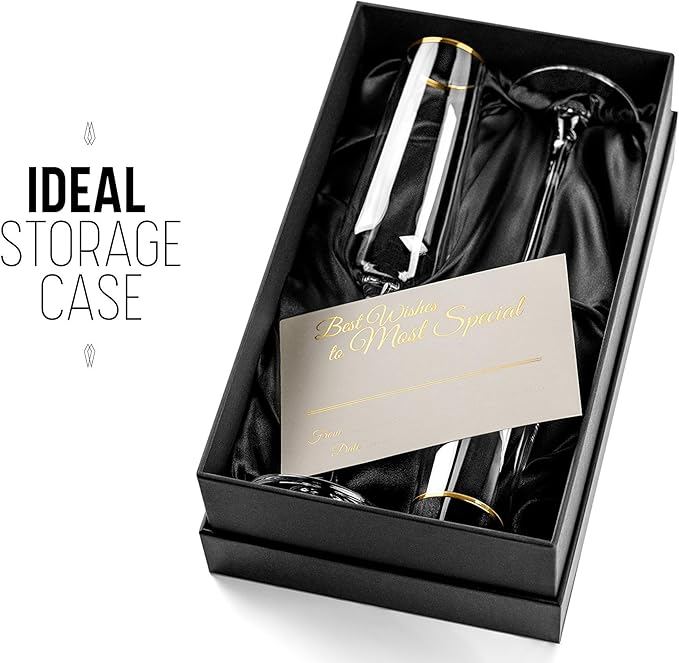 Gold Rim Champagne Gift Glasses | Set of 2 | Crystal Square Toasting Flutes for Bride and Groom, Wedding, Anniversary, Birthday | Elegant Long Stemmed Glassware for Sparkling Wine, Prosecco-HomvellaHome