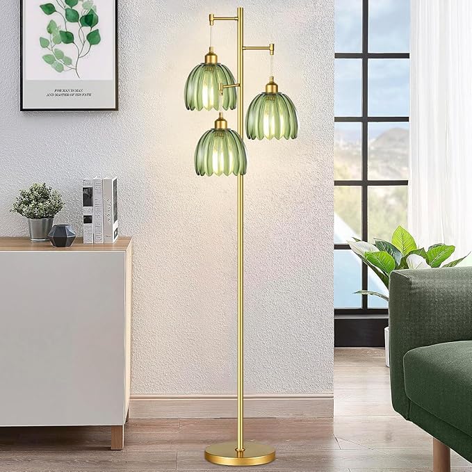 Gold Floor Lamp for Living Room,Bedroom,Mid Century Modern Standing Lamp Brass Tree 3 Light Tall Floor Lamps Vintage Retro Floor Lights Glass Green Flower Lamp Shade Farmhouse Boho Bohemian-HomvellaHome