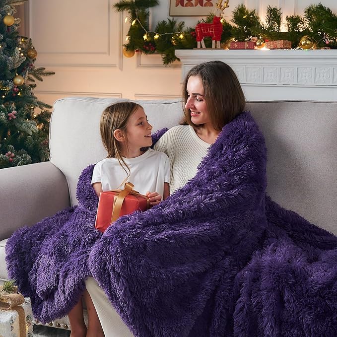 GONAAP Fuzzy Faux Fur Throw Blanket Queen Size Purple Super Soft Cozy Plush Fuzzy Shaggy Blanket for Couch Sofa Bed (Purple, Queen(90"x90"))-HomvellaHome