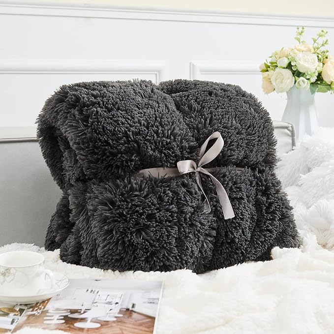 GONAAP Fuzzy Faux Fur Throw Blanket Twin Size Dark Grey Super Soft Cozy Plush Fuzzy Shaggy Blanket for Couch Sofa Bed (Dark Grey, Twin(60"x80"))-HomvellaHome