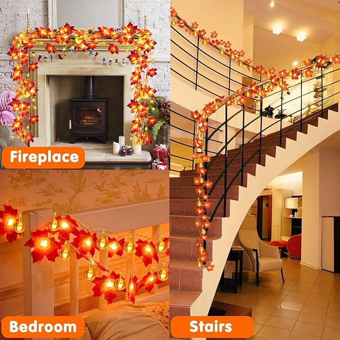 2 Pack Fall Garland with Pumpkin Lights Halloween Decorations Indoor 60 LED 20 Ft Enlarged Maples Leaves Fall Lights Battery Operated Halloween Garland Thanksgiving Decor Home Indoor Outdoor Christmas-HomvellaHome