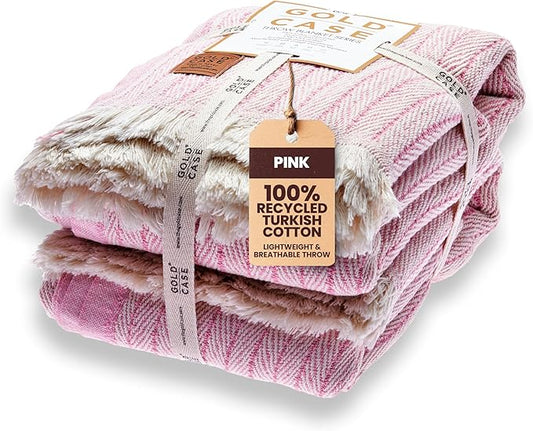 Gold Case Throw Blanket for Couch – 100% Recycled Turkish Cotton Blankets & Throws – Elegant Decorative Throw Blankets for Living Room Sofa – Woven Throws for Couch – Vintage Pink – 50x60 (Set of 2)-HomvellaHome
