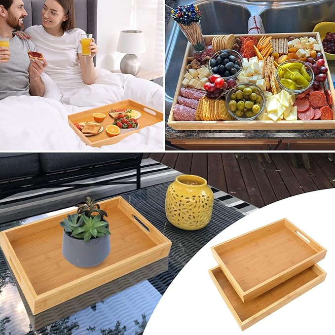 2 Pack Large Bamboo Serving Tray with Handles, 14 x 10 inch Wooden Dinner Tray, Home Kitchen Breakfast Trays for Living Room Bedroom Kitchen Dinner Table, Picnic-HomvellaHome