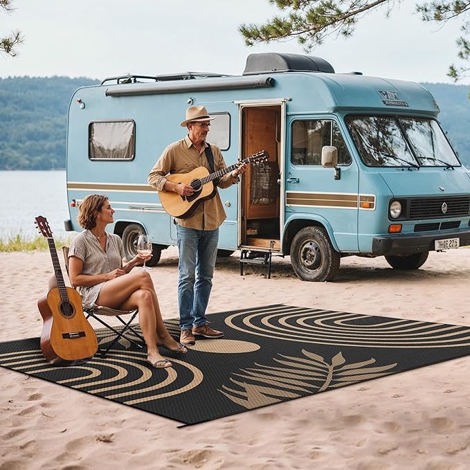 GENIMO Outdoor Rug 5' x 8' Waterproof for Patio Clearance, Reversible Plastic Straw Camping Carpet, Lightweight Rugs Mats for Rv, Backyard, Deck, Porch, Picnic, Balcony, Mix-Black & Brown-HomvellaHome