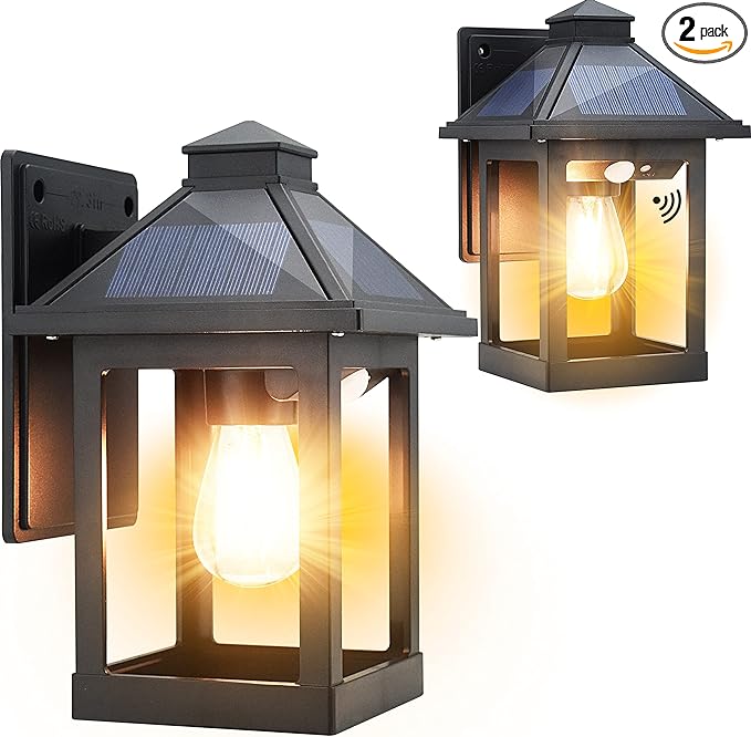 2 Pack Solar Wall Lanterns Outdoor with 3 Modes, Dusk to Dawn Motion Sensor LED Sconce Lights IP65 Waterproof, Exterior Front Porch Security Lamps Wall Mount Patio Fence Garage Decorative-HomvellaHome