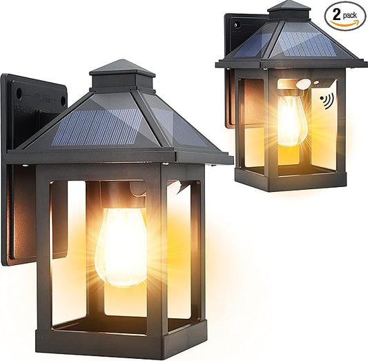 2 Pack Solar Wall Lanterns Outdoor with 3 Modes, Dusk to Dawn Motion Sensor LED Sconce Lights IP65 Waterproof, Exterior Front Porch Security Lamps Wall Mount Patio Fence Garage Decorative-HomvellaHome