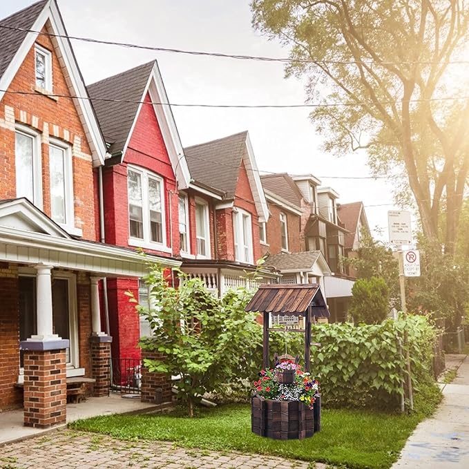 Garden Wooden Decor Rustic Wishing Well Planter Outdoor Home Décor for Patio, Upgrade Wishing Well Garden, Yard Hanging Bucket Patio Lawn Backyard Home Decor-HomvellaHome