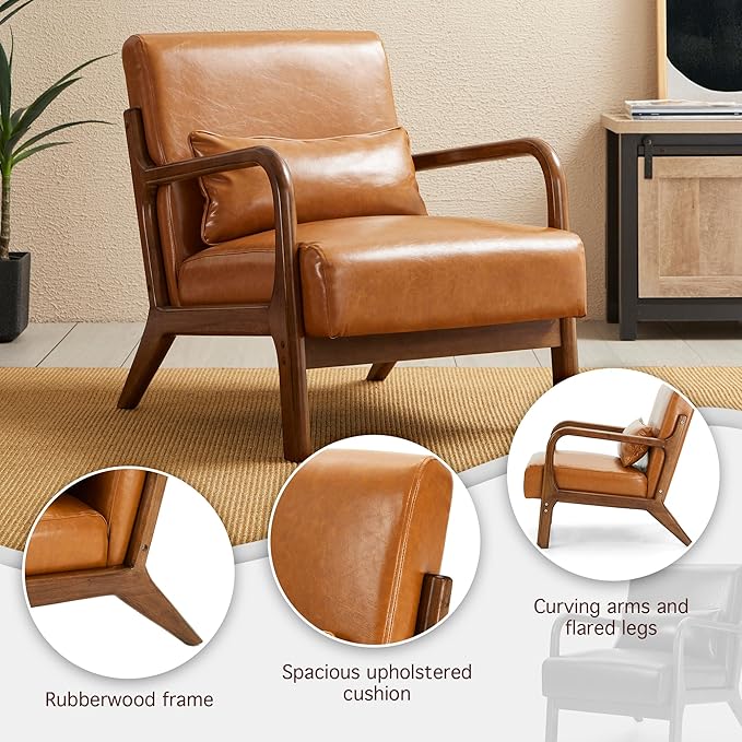 Glitzhome 2 Set Mid Century Yellowish Brown Accent Armchair, Single Reading Armchair PU Leather Lounge Chair with Walnut Ruberwood Frame-HomvellaHome