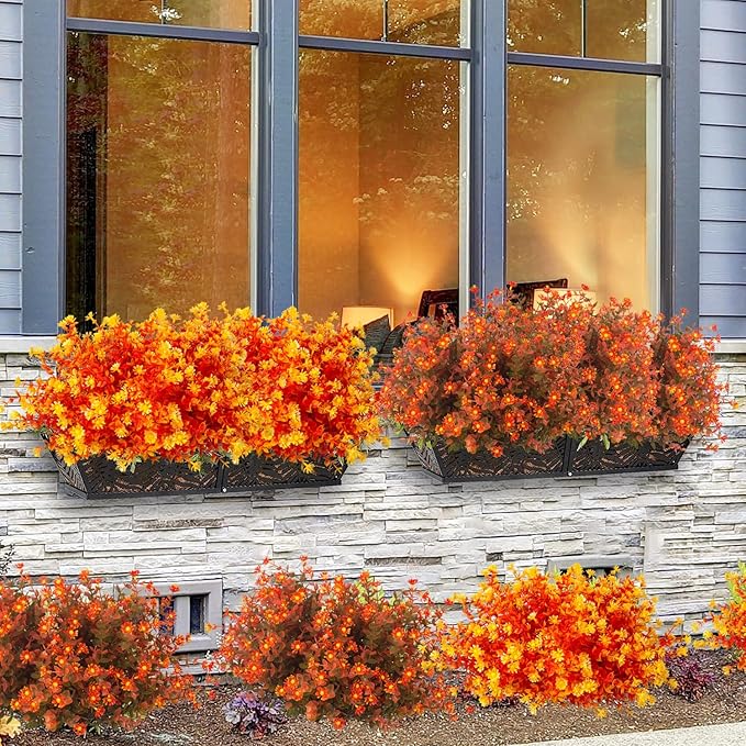 12 Bundles Artificial Fall Flowers No Fade Faux Autumn Plants, Fake Indoor Outdoor Greenery Decorations for Thanksgiving Christmas Wedding Party Home Garden Fireplace Décor (Fall Orange)-HomvellaHome