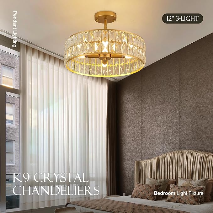 16” 4-Light Modern Crystal Chandeliers Gold Dinning Room Light Fixture, Round Pendant Light Kitchen Island Chandelier, Flush Mount Ceiling Light for Living Room Entryway Bedroom Foyer-HomvellaHome