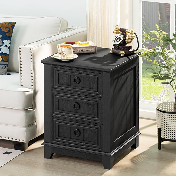 18" Farmhouse Night Stand with 3 Drawers, Wood End Table Dresser for Bedroom, Black Nightstand, Bed Side Table with Metal Handle, Bedside Cabinet for Bedroom Living Room, Closet-HomvellaHome