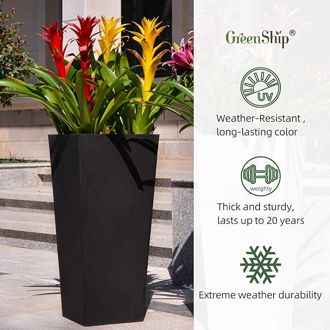 GreenShip 27" Tall Planters, Set of 2 – Black Outdoor Planter for Front Porch & Tall Plants, Weather-Resistant, with Drainage Hole & Rubber Plug (No Plants Included) (Black-2pcs)-HomvellaHome