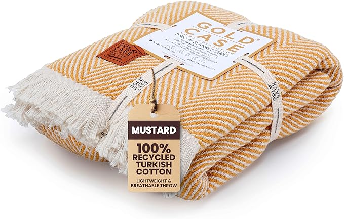 Gold Case Throw Blanket for Couch – 100% Recycled Turkish Cotton Blankets & Throws – Elegant Decorative Throw Blankets for Living Room Sofa – Woven Throws for Couch – Elegant Mustard – 60x80-HomvellaHome