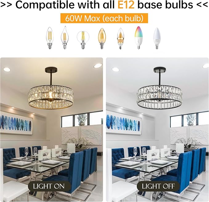 16” 4-Light Modern Crystal Chandeliers Black Dinning Room Light Fixture with Two Rods, Round Pendant Light Kitchen Island Chandelier, Flush Mount Ceiling Light for Living Room Entryway-HomvellaHome