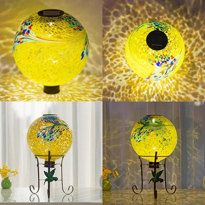 10" Diameter Solar Gazing Ball and 8.5" Metal Stand Indoor Outdoor Glass Globe Sphere Yard Art Ornament Solar Gazing Balls for Garden,Lawn,Porch,Patio Gardening Gift for Women(Yellow)-HomvellaHome