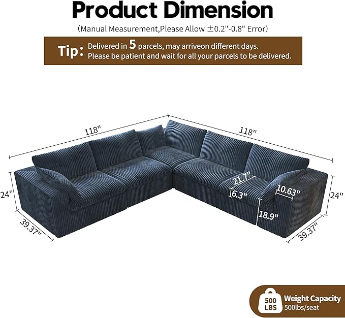 118" V Shaped Corner Modern Sofa Modular Sectional Cloud Couch,Deep Seat Upholstered Couches with Plush Corduroy Fabric for Living Room Furniture,Bedroom and Apartment,No Assembly Required,Blue-HomvellaHome