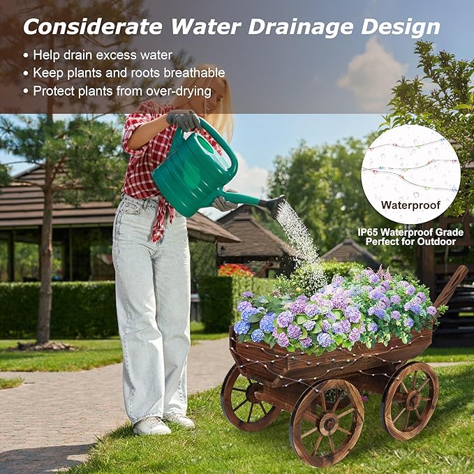 Garden Wooden Decor Rustic Flower Pot,Planters Wagon Indoor Outdoor Backyard Balcony Decor,for Outside Garden Decor Wheelbarrow Planter for Patio (Wooden Wagon with Light)-HomvellaHome