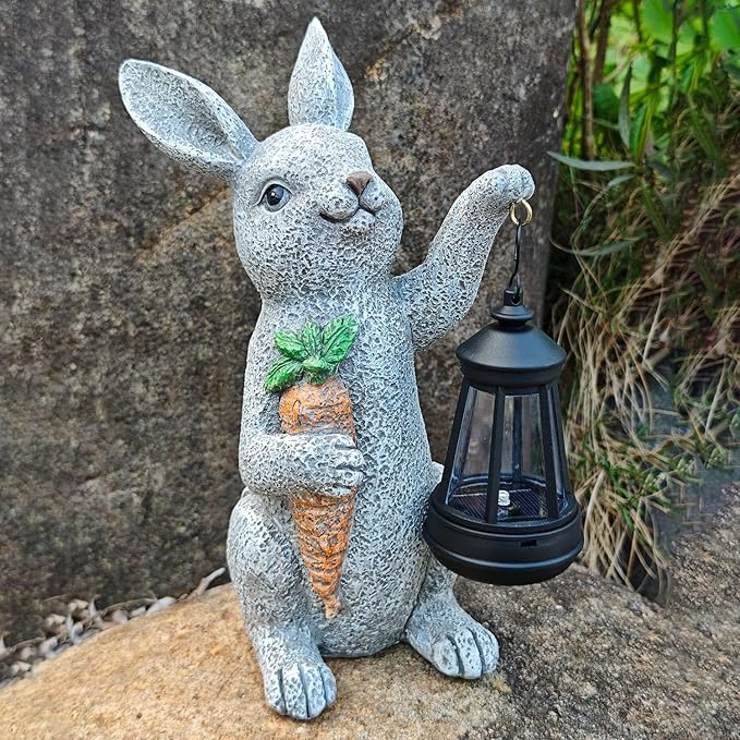 Garden Statues Rabbit Solar Lantern Outdoor Handmade Resin Statue Bunny with Cute Carrot for Patio, Yard,Mother's Day Gift Ideas (rabbit1)-HomvellaHome