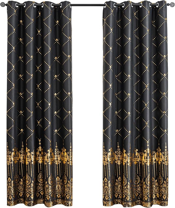 Grommets Blackout Long Window Curtains Black Gold-52W*84L 2PCS Drapes for Bedroom-HomvellaHome