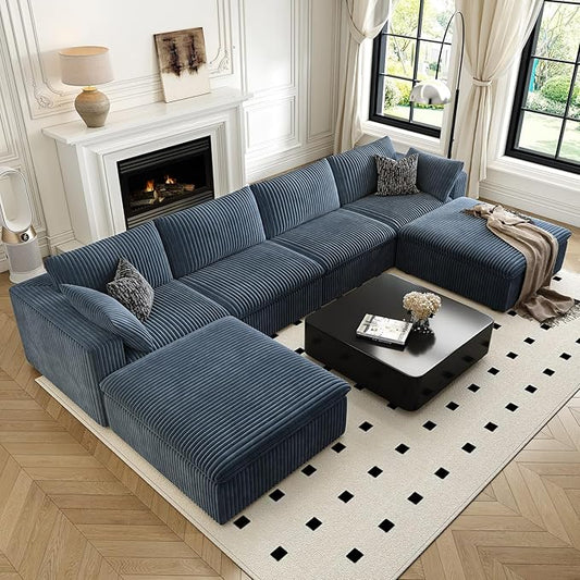 157.5" Cloud Couch Oversized Modular Sectional Sofa for Living Room,Modern Sofa with Deep Seat，U-Shape Boneless Couch with 2 Ottoman,Comfy Upholstered Couches for Apartment, Studio, Office,Blue-HomvellaHome