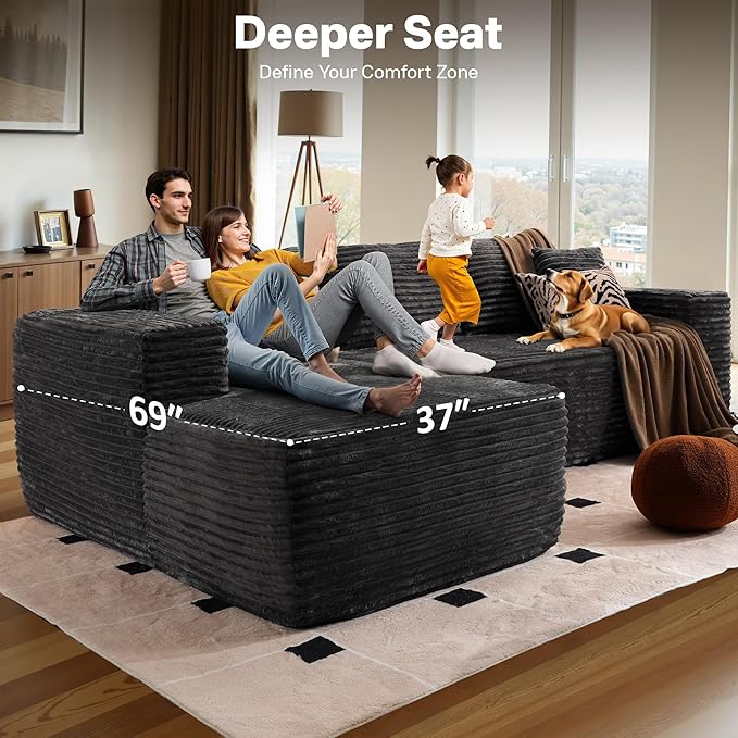 104" Cloudy Sectional L Shaped Couch for Living Room, No Assembly Required, Modular Comfy Sofa with Deep Seat, Fluffy Couch with Sleeper Chaise for Apartment Lounge (Grey)-HomvellaHome