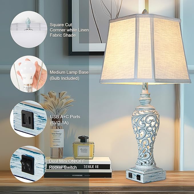 Table Lamp Bedside Lamps Set of 2, 28.5'' Luxsight Farmhouse Table Lamps for Bedroom, Lamps for Nightstands with Night Lights, with USB C+A Ports, Rustic Lamp for Living Room, Bulb Included-HomvellaHome