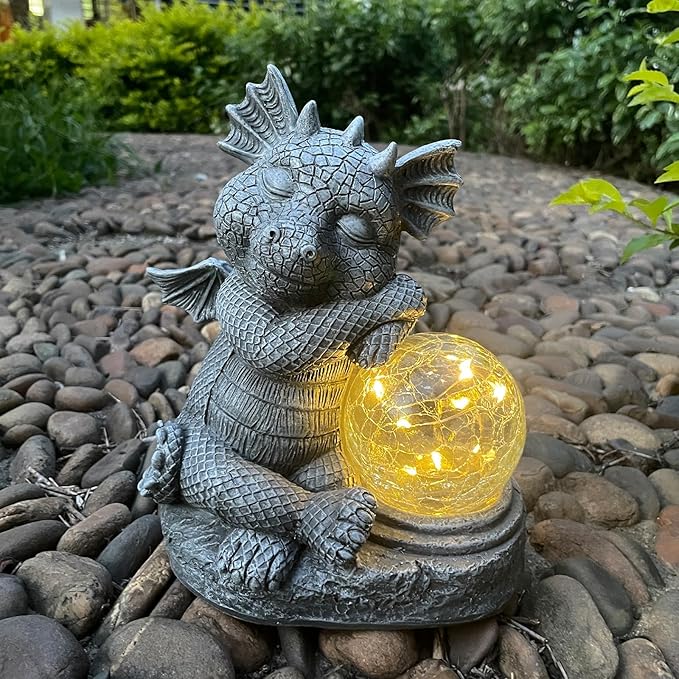 Garden Dragon Figurine Solar Powered Outdoor Cute Dragon with Hold Glowing Glass Ball Resin Sculpture for Porch Patio Lawn Farm Yard Home Decoration Gift for Women Housewarming-HomvellaHome