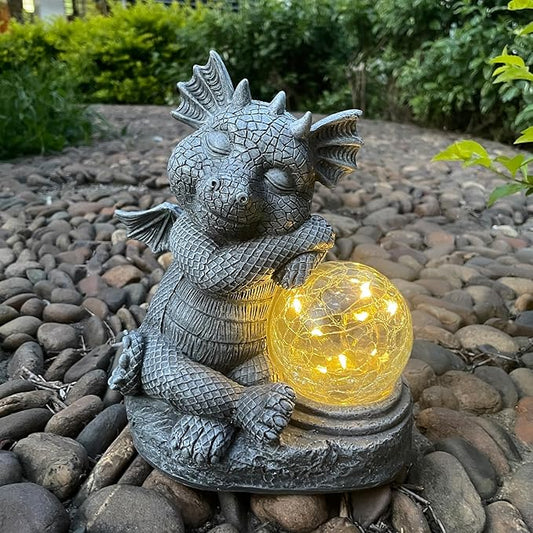Garden Dragon Figurine Solar Powered Outdoor Cute Dragon with Hold Glowing Glass Ball Resin Sculpture for Porch Patio Lawn Farm Yard Home Decoration Gift for Women Housewarming-HomvellaHome