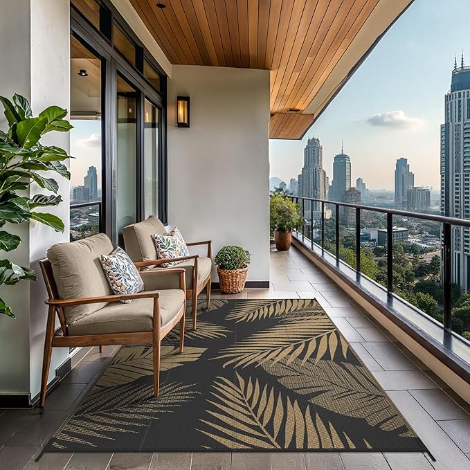 GENIMO Outdoor Rug 9' x 12' Waterproof for Patios Clearance, Reversible Outdoor Plastic Straw Camping Rug Carpet, Large Area Rugs Mats for RV, Camper, Deck, Balcony, Porch, Beach, Picnic, Black&Brown-HomvellaHome