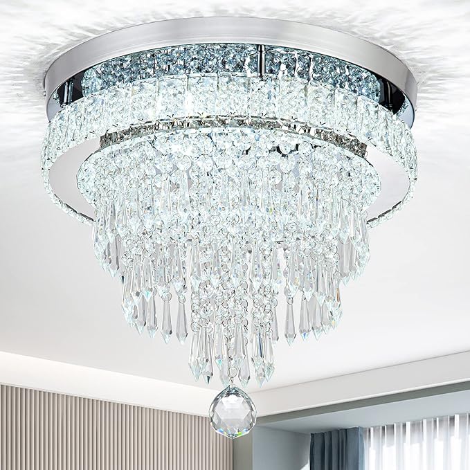 16“ Crystal Chandeliers Light Flush Mount Ceiling Light Fixtures Round Modern LED Chandelier for Living Room Bedroom Dining Room Closet Hallway (Cool White)-HomvellaHome