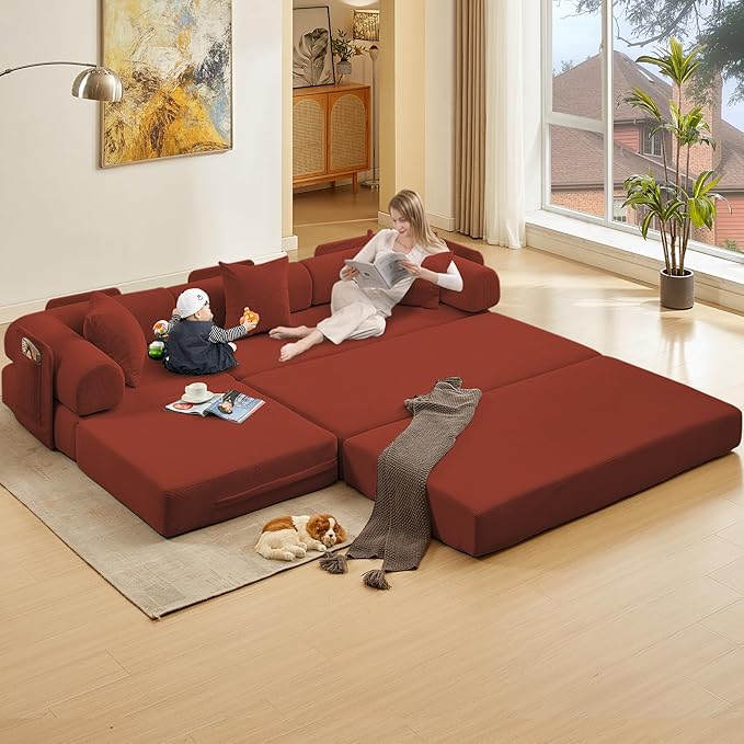 107" Oversized Convertible Sleeper Sofa Bed, Corduroy L Shape Sectional Couch, Folding Sofa Bed with Side Pocket, Modern Cloud Floor Mattress Couch, Modular Sofa for Living Room, Red-HomvellaHome