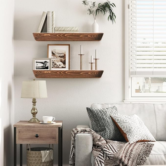 16"x6.8"x1.6" Slanted Floating Wall Shelves 2-Pack - Rustic Brown Finish, Heavy-Duty Solid Wood Design with Hidden Brackets - Perfect for Living Room, Kitchen, Bathroom, or Office-HomvellaHome