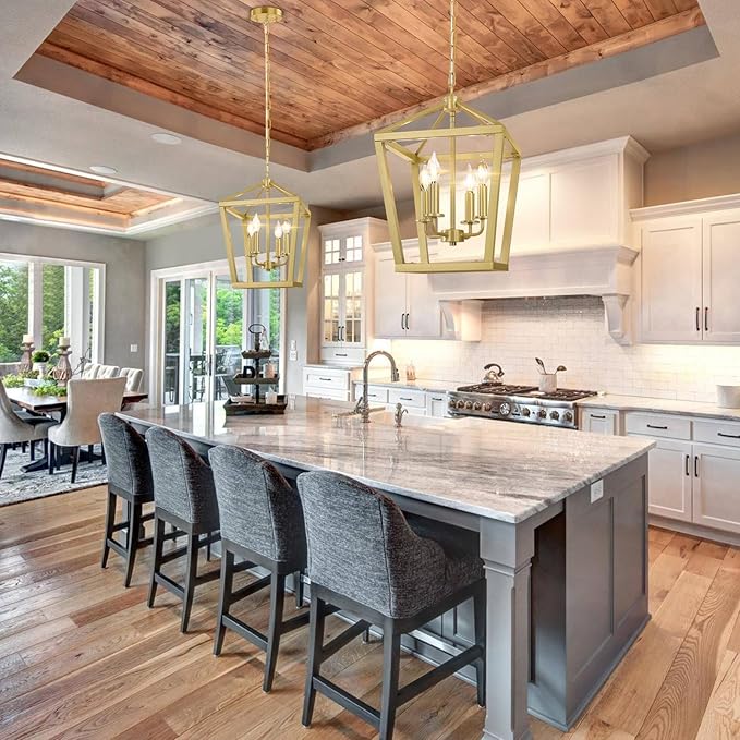 Gold Chandelier 4-Light, Farmhouse Pendant Light Fixture Adjustable Height, Modern Dining Room Light Fixture, Lantern Ceiling Hanging Lighting with Metal Cage for Kitchen Island Entryway Foyer-HomvellaHome