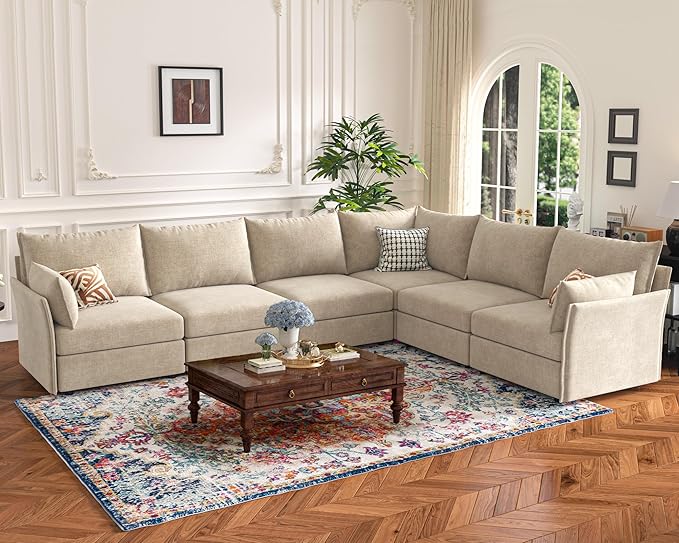 136.4" Oversized Modular Sectional Sofa, U Shaped Convertible Couch with Movable Ottoman, Large 7 Seat Corner Couches for Living Room Deep Seat Beige Chenille-HomvellaHome
