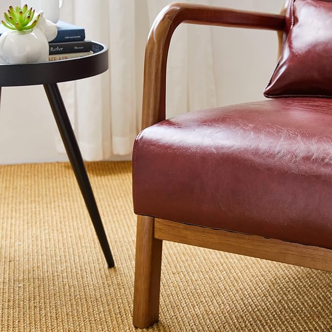 Glitzhome 2 Set Mid Century Red Accent Armchair, Single Reading Armchair PU Leather Lounge Chair with Walnut Ruberwood Frame-HomvellaHome