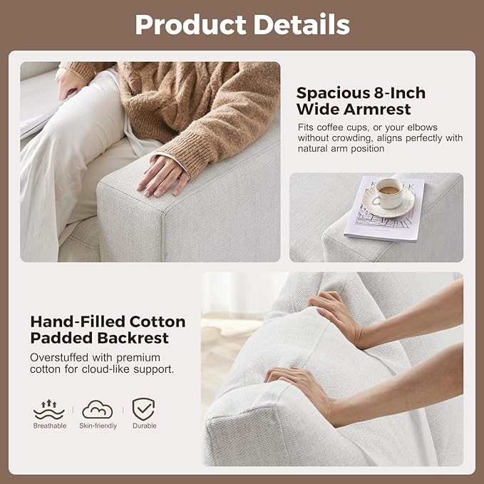 112" L Shaped Sectional Sofa with Detachable Sofa Cover, Reversible Sectional Modular Couch for Living Room, Linen Fabric Corner Couch with 7 Seats, Ivory-HomvellaHome