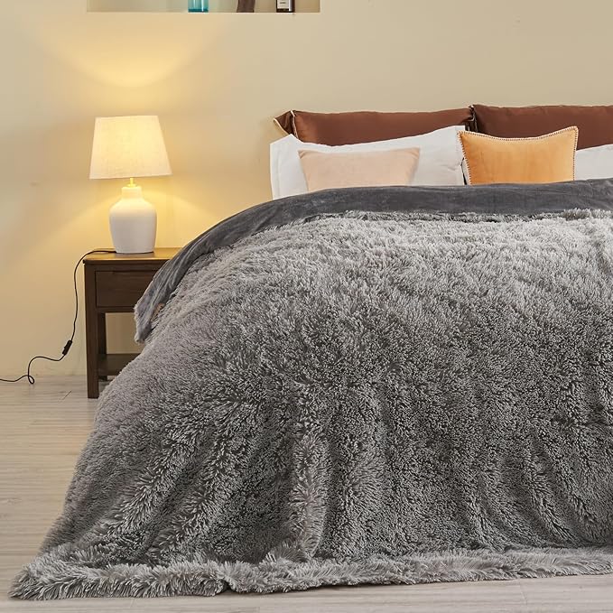 GONAAP Fuzzy Faux Fur Throw Blanket Queen Size Light Grey Super Soft Cozy Plush Fuzzy Shaggy Blanket for Couch Sofa Bed (Light Grey, Queen(90"x90"))-HomvellaHome