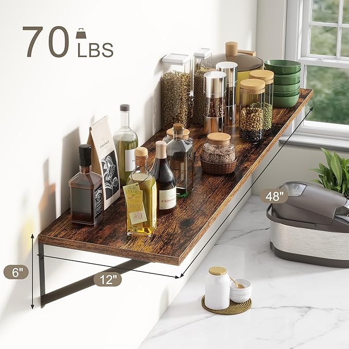 12 Inch Deep Floating Shelves,48W x 12D Floating Shelves, Deep Wall Shelves Bracket Set of 2, Large Display Floating Shelf for Bathroom, Living Room, Wide Storage Wooden Wall Shelf, Rustic Brown-HomvellaHome