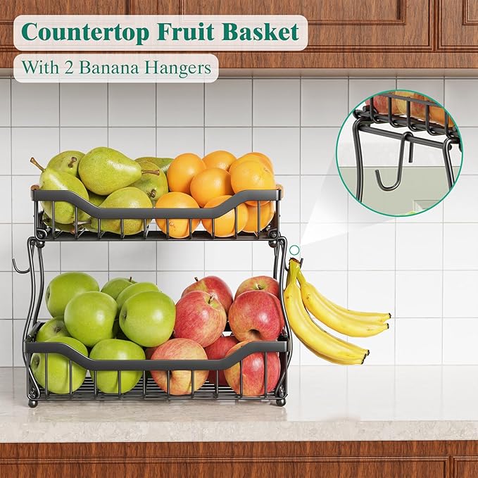 Giwil 2 Tier Countertop Fruit Basket for Kitchen, Vegetable Storage Bread Fruit Bowl Stand with 2 Banana Hangers, Wall Mounted Metal Wire Basket Organizer for Potato Onion, Black-HomvellaHome