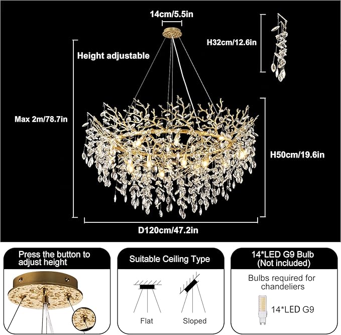 14-Light Modern Large Crystal Chandelier for Dining Room, 48" Round Gold Crystal Tree Branche Chandelier, Living Room Crystal Chandelier, Crystal Chandeliers for High Ceiling,Entryway,Foyer-HomvellaHome