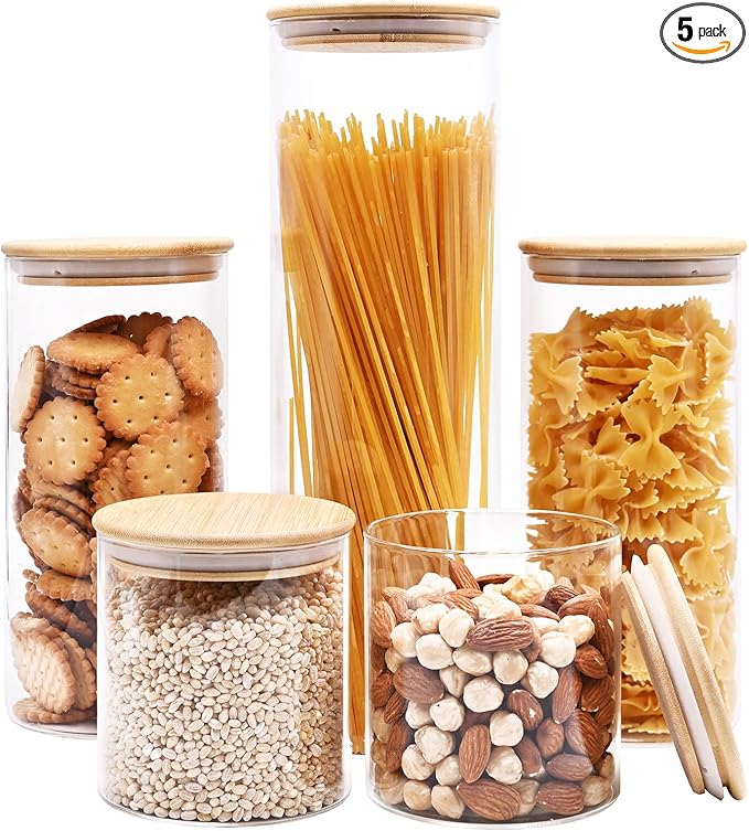 Glass Food Storage Jars, Glass Jars with Bamboo Lids, Kitchen Storage Jars, Canisters with Airtight Lids for Spice, Coffee, Cookie, Set of 5, Pantry Organizers-HomvellaHome