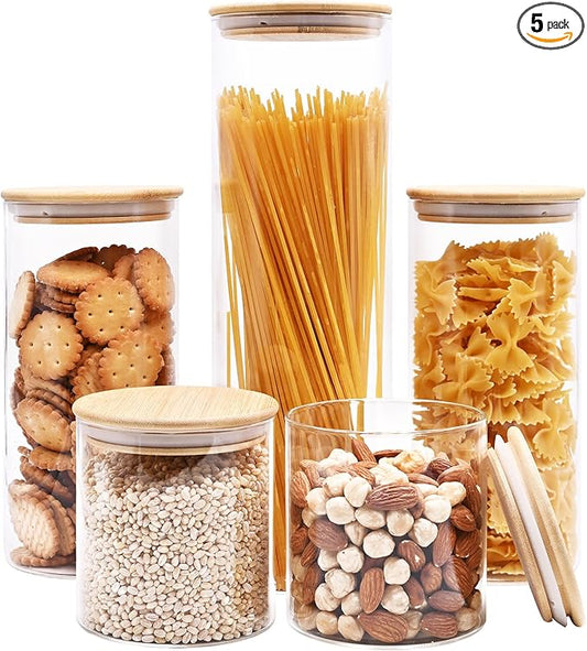 Glass Food Storage Jars, Glass Jars with Bamboo Lids, Kitchen Storage Jars, Canisters with Airtight Lids for Spice, Coffee, Cookie, Set of 5, Pantry Organizers-HomvellaHome