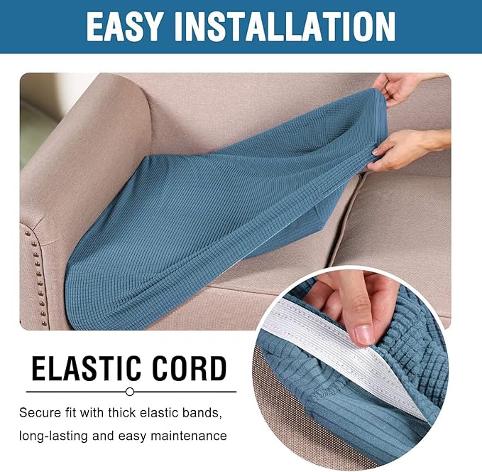 H.VERSAILTEX Super Stretch Individual Seat Cushion Covers Sofa Covers Slipcover Sets Thick Jacquard Textured Twill Fabric (3 Piece, Dusty Blue)-HomvellaHome