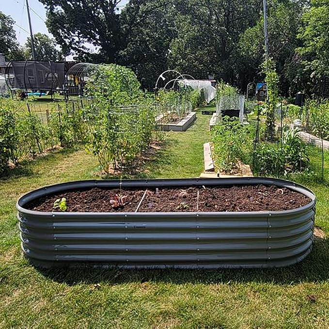 1 Pack 8x3x1.5FT Galvanized Raised Garden Bed Kit Oval Metal Ground Planter Box Outdoor Bottomless Planter Raised Beds for Vegetables Flowers Herbs Fruits, Gray-HomvellaHome
