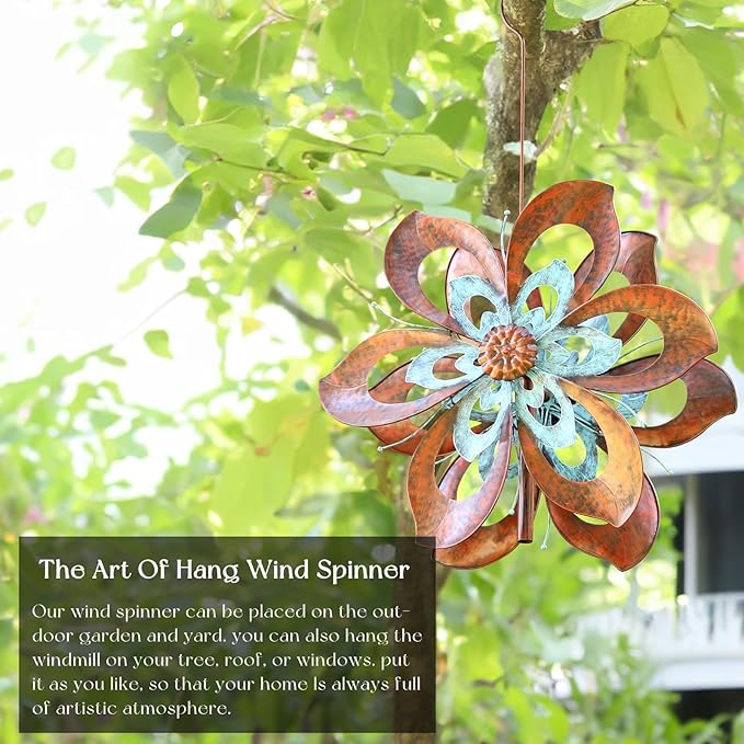 Garden Wind Spinner,Flower Wind Spinner,Outdoor Metal Wind Sculpture & Spinner Large 23 inch Dia 84 inch Height Kinetic Windmill for Garden Yard-HomvellaHome