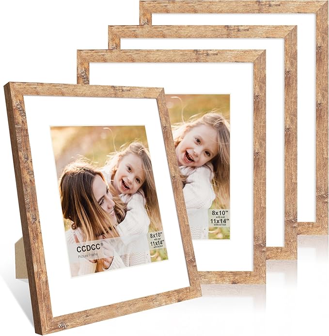 11x14 Picture Frame Set of 4, 11 x 14 Wood Photo Frames with Mat for 8x10, Natural Wooden Frame with Real Glass Cover for Wall and Tabletop Display,Brown-HomvellaHome