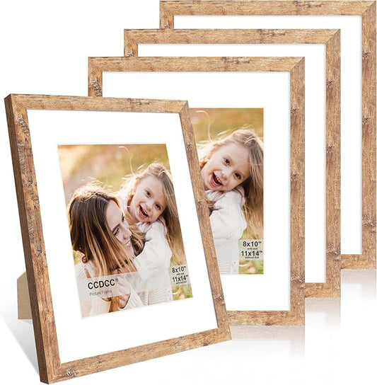 11x14 Picture Frame Set of 4, 11 x 14 Wood Photo Frames with Mat for 8x10, Natural Wooden Frame with Real Glass Cover for Wall and Tabletop Display,Brown-HomvellaHome