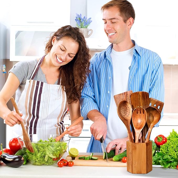 GreyWooden Kitchen Utensil Set, 6Pcs Wooden Cooking Utensils for Non-Stick Pan, 100% Natural Teak Wooden Spatula-HomvellaHome