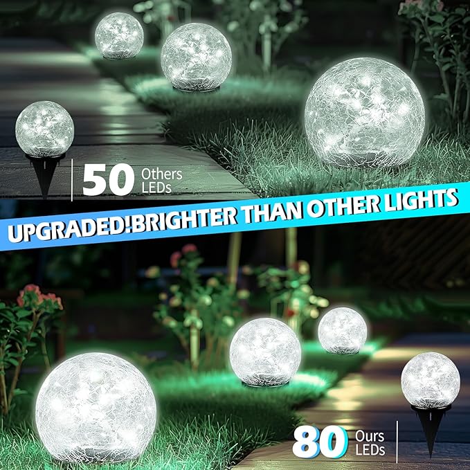 Garden Solar Ball Lights Outdoor Waterproof, 80 LED Cracked Glass Globe Solar Power Ground Lights for Path Yard Patio Lawn, Outdoor Decoration Landscape White (2 Pack 5.9'')-HomvellaHome