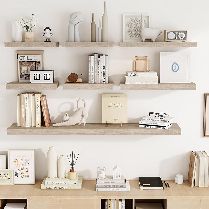 16 Inch Floating Shelves, 3D Textured Wood Grain, 16"x9.25"x1.5" Inch Deep Floating Shelves for Wall, Wooden Shelves for Bathroom, Bedroom, Living Room, Vintage White Oak-HomvellaHome